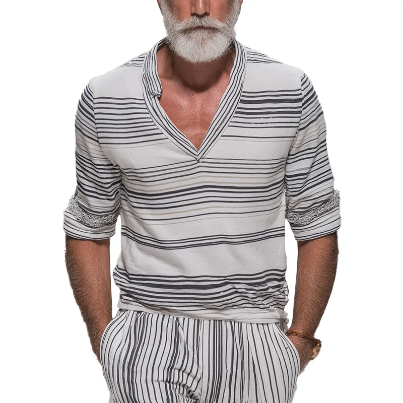 Men's Summer Striped Print Cotton Blended V-Neck Short Sleeve T-Shirt MTA1899G1P sold by Manly