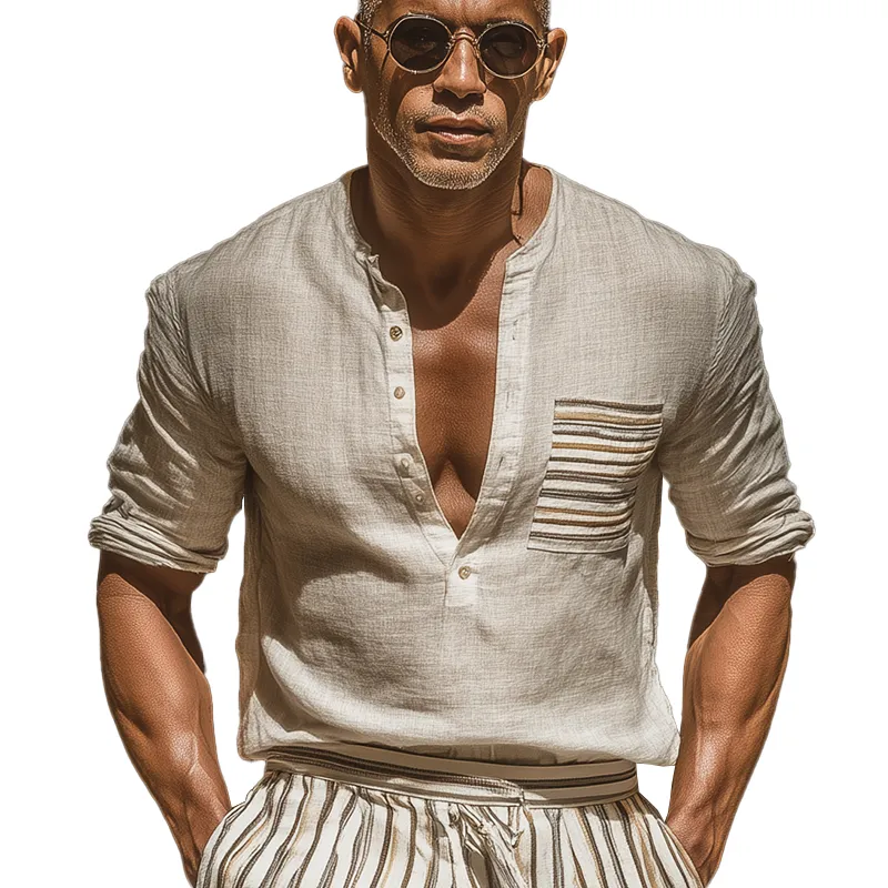 Men's Summer Slub Linen V Neck Long Sleeve T-Shirt MTA1818G4P sold by Manly