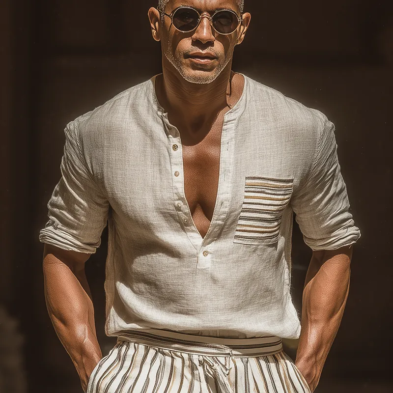 Men's Summer Slub Linen V Neck Long Sleeve T-Shirt MTA1818G4P sold by Manly product image thumbnail 2