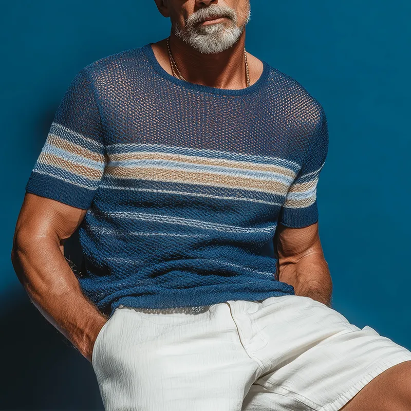 Men's Summer Retro Striped Knitted Hollow Short Sleeve T-Shirt MTA1864G9P sold by Manly product image thumbnail 2