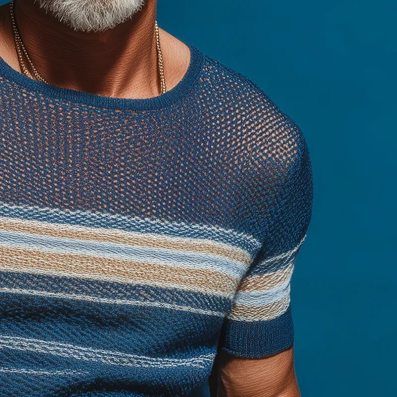 Men's Summer Retro Striped Knitted Hollow Short Sleeve T-Shirt MTA1864G9P sold by Manly product image thumbnail 4