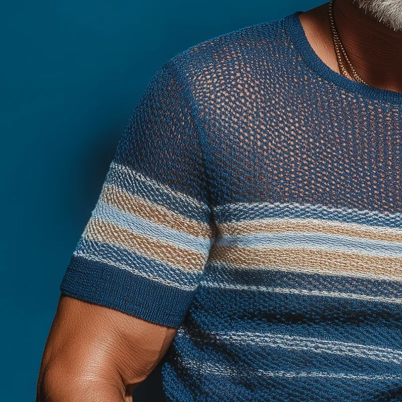 Men's Summer Retro Striped Knitted Hollow Short Sleeve T-Shirt MTA1864G9P sold by Manly product image thumbnail 3