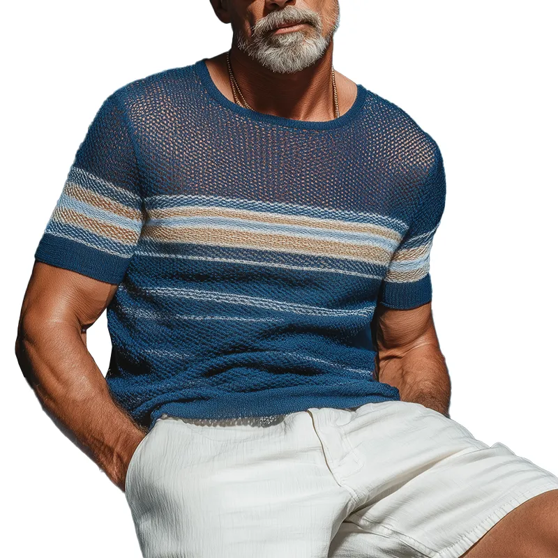Men's Summer Retro Striped Knitted Hollow Short Sleeve T-Shirt MTA1864G9P sold by Manly