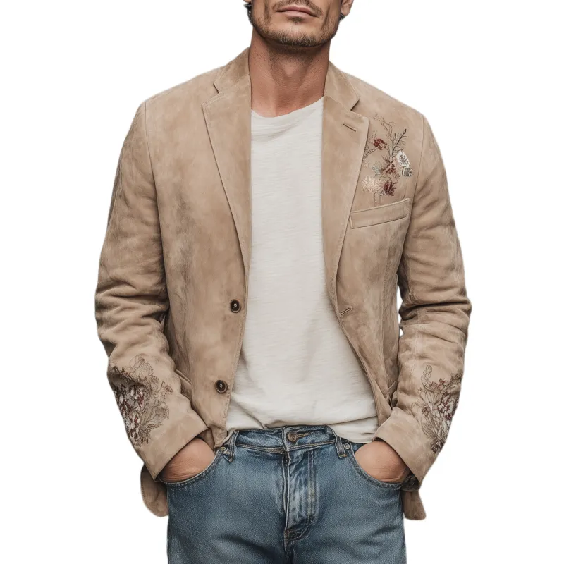 Men's Fashion Casual Thin Suede Chest And Cuff Embroidery Single Breasted Blazer MTA1815G9K sold by Manly