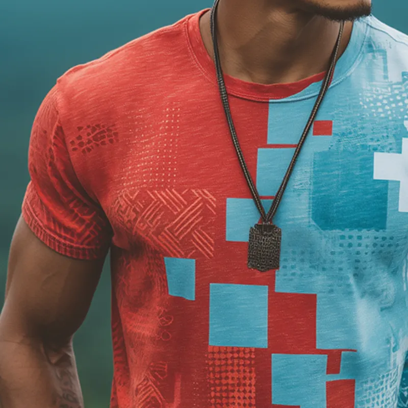 Men's Retro Casual Contrast Color Geometric Print Round Neck Short Sleeve T-Shirt MTA1866G6TO sold by Manly product image thumbnail 3