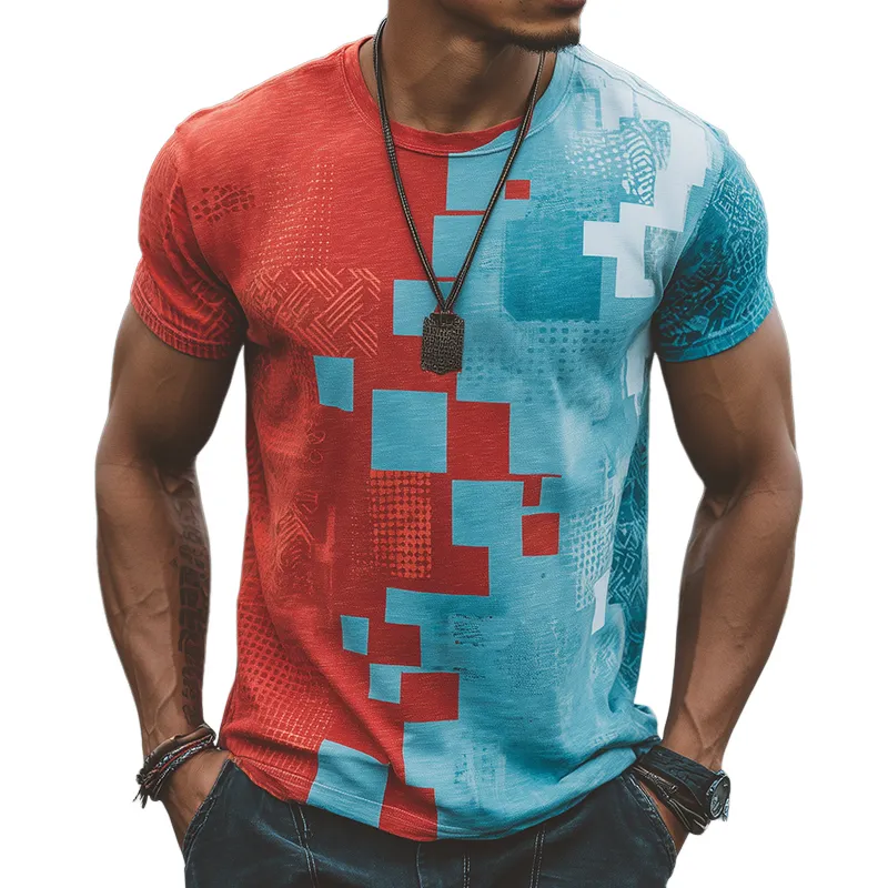 Men's Retro Casual Contrast Color Geometric Print Round Neck Short Sleeve T-Shirt MTA1866G6TO sold by Manly