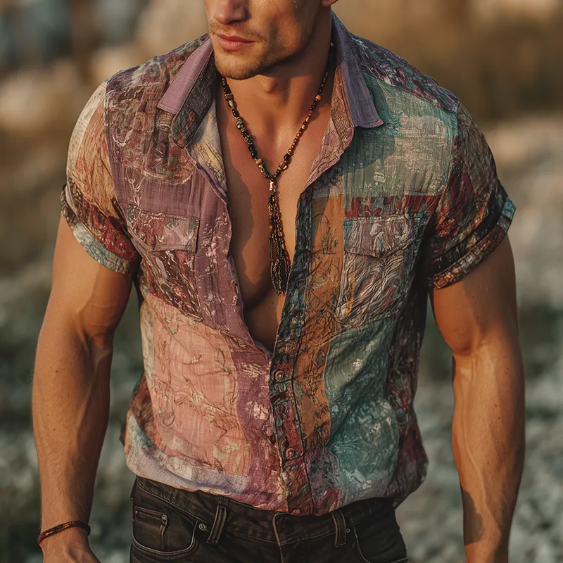 Men's Retro Casual Gradient Print Lapel Short Sleeve Shirt MTA1810G1TO sold by Manly product image thumbnail 2