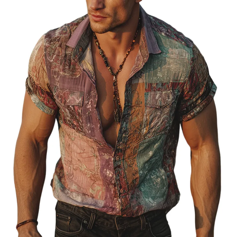 Men's Retro Casual Gradient Print Lapel Short Sleeve Shirt MTA1810G1TO sold by Manly