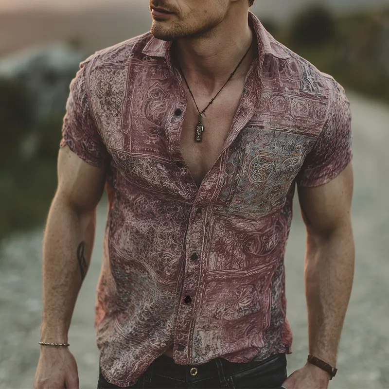 Men's Retro Casual Gradient Print Lapel Short Sleeve Shirt MTA1861G0TO sold by Manly product image thumbnail 2