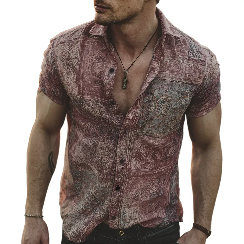Men's Retro Casual Gradient Print Lapel Short Sleeve Shirt MTA1861G0TO sold by Manly