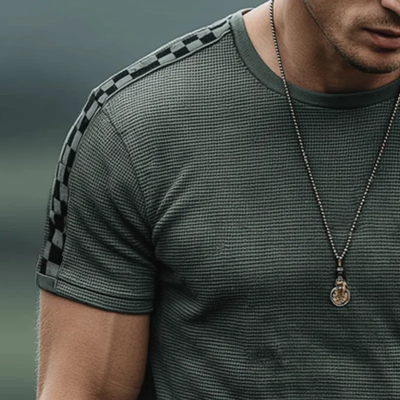 Men's Retro Casual Waffle Checkerboard Round Neck Short Sleeve T-Shirt MTA1869G7TO sold by Manly product image thumbnail 3