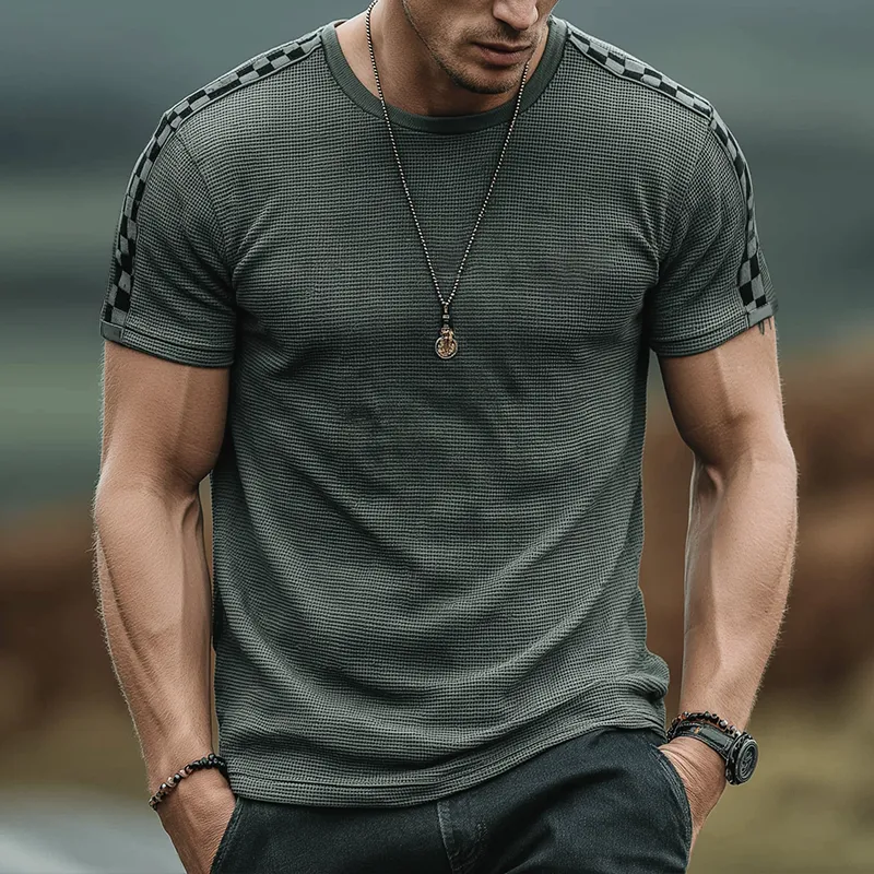 Men's Retro Casual Waffle Checkerboard Round Neck Short Sleeve T-Shirt MTA1869G7TO sold by Manly product image thumbnail 2