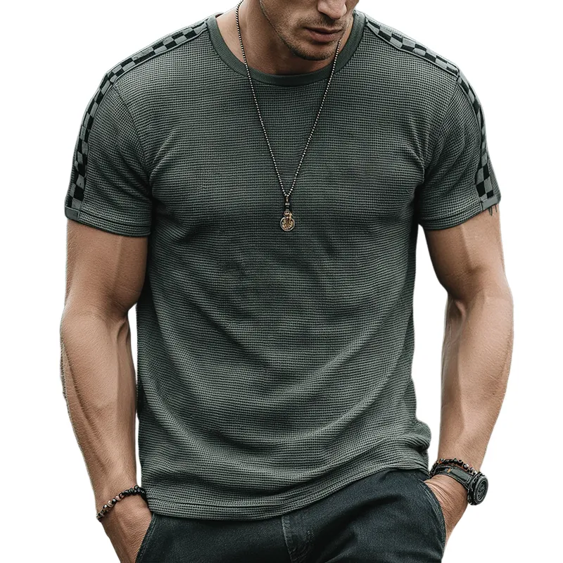 Men's Retro Casual Waffle Checkerboard Round Neck Short Sleeve T-Shirt MTA1869G7TO sold by Manly
