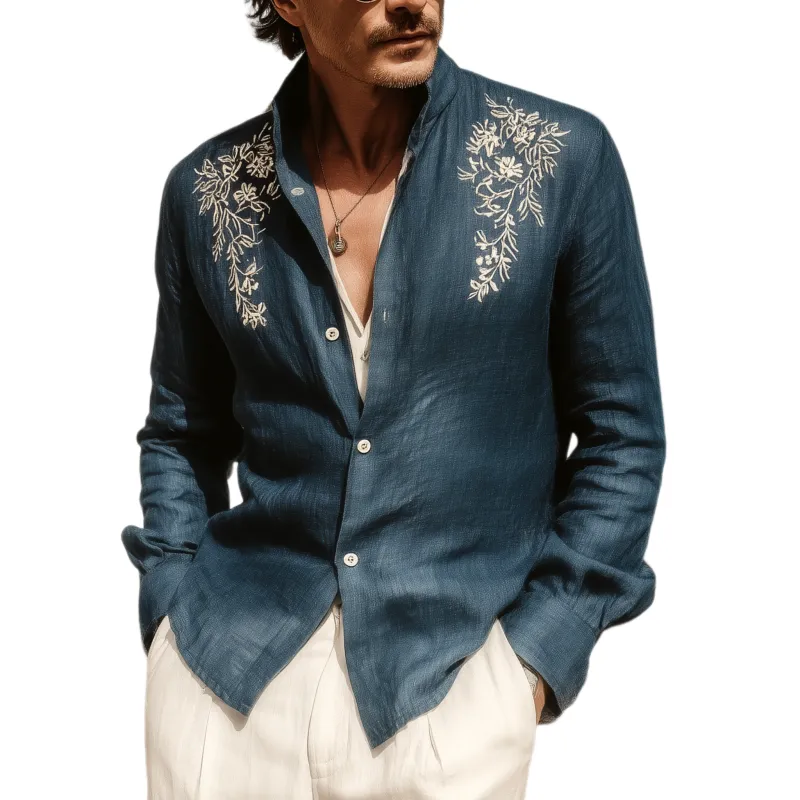 Men's Classic Casual Tencel Cotton And Linen Embroidered Stand Collar Long Sleeve Shirt MTA1869G1K sold by Manly