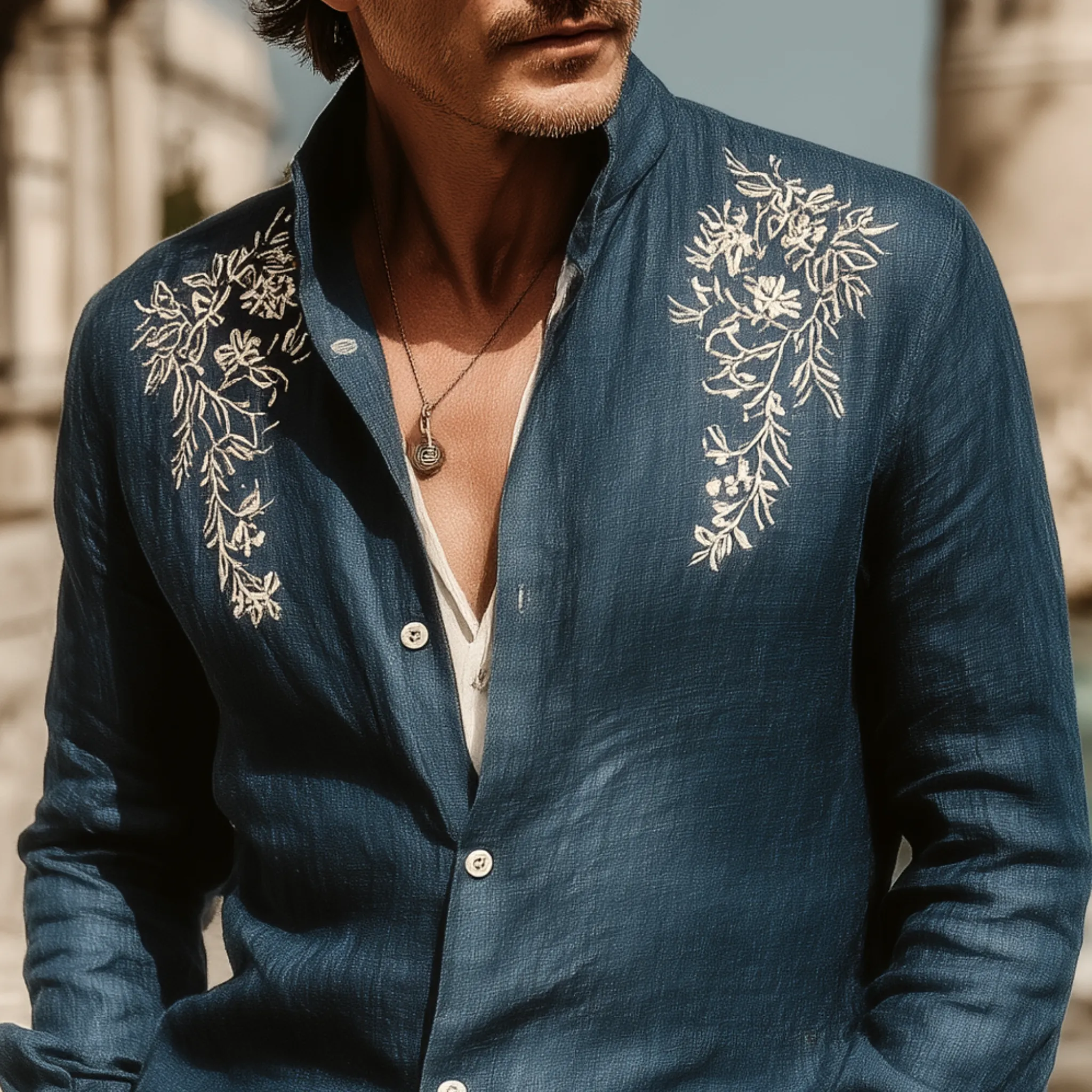 Men's Classic Casual Tencel Cotton And Linen Embroidered Stand Collar Long Sleeve Shirt MTA1869G1K sold by Manly product image thumbnail 4
