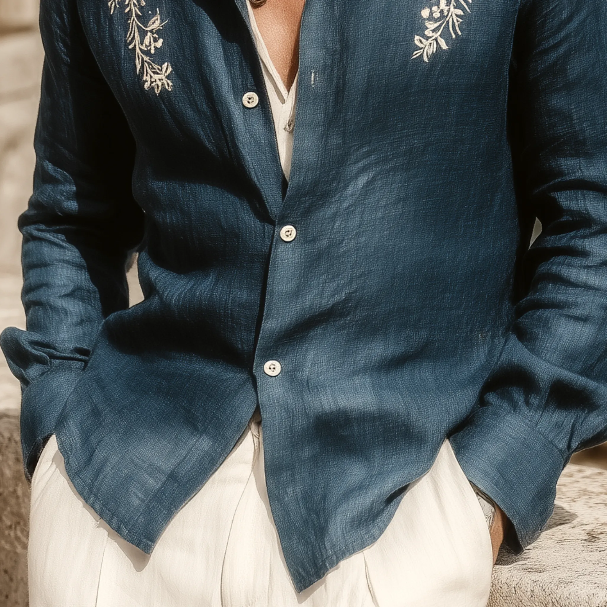Men's Classic Casual Tencel Cotton And Linen Embroidered Stand Collar Long Sleeve Shirt MTA1869G1K sold by Manly product image thumbnail 5