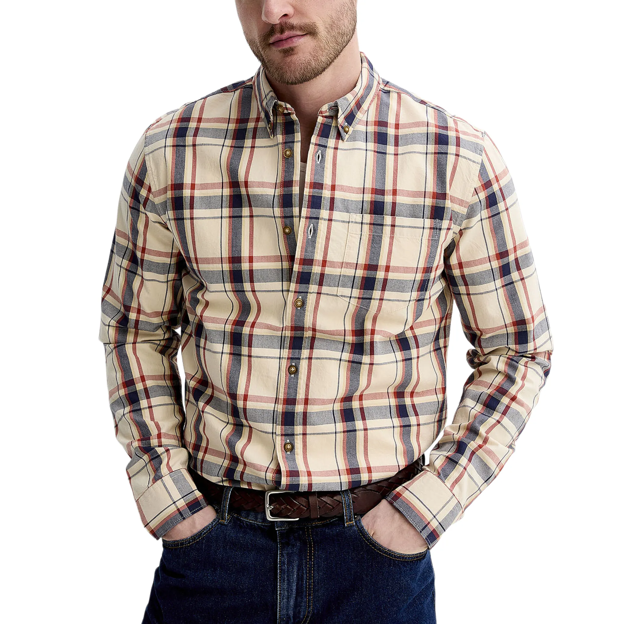 Men's Classic Casual Cotton Blend Check Lapel Long Sleeve Shirt MTA1800G2K sold by Manly