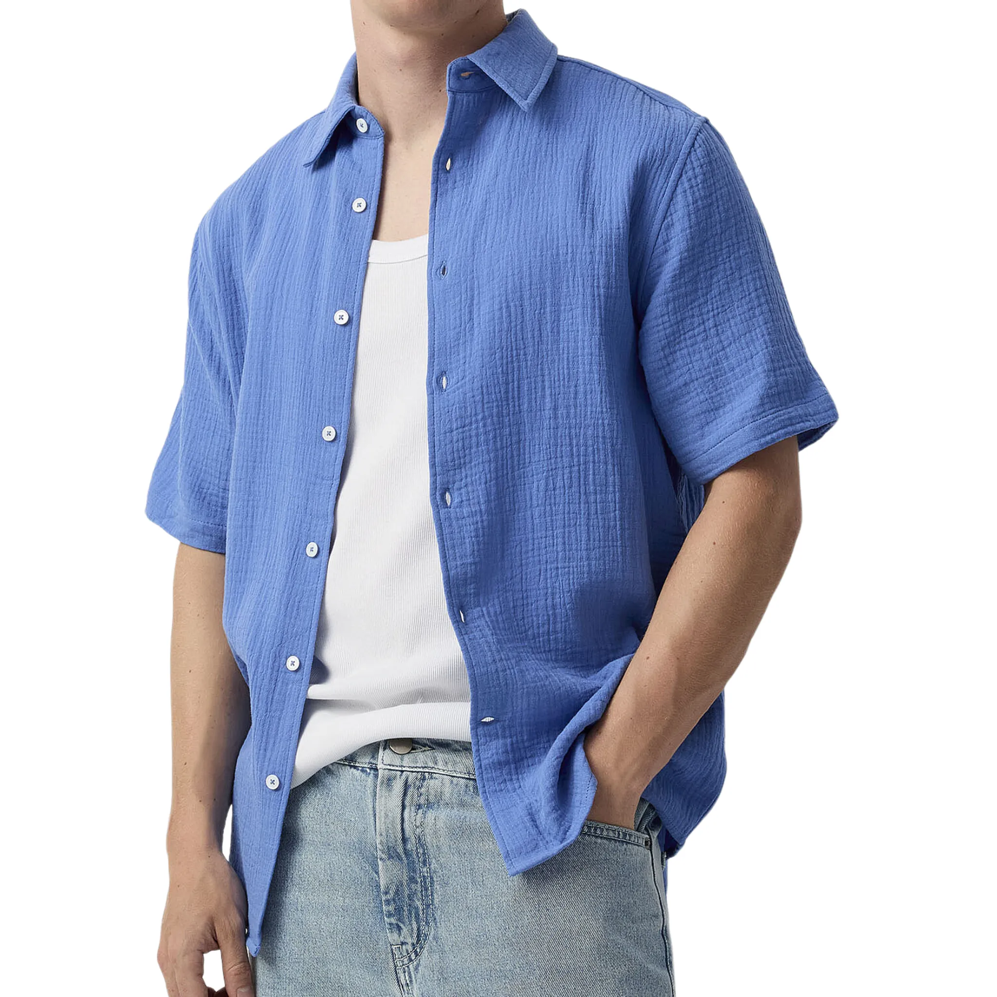 Men's Spring And Summer Casual Pleated Cotton Blended Short Sleeve Shirt MTA1846G9K sold by Manly