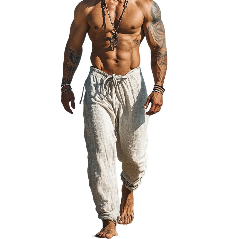 Men's Cotton And Linen Elastic Waist Holiday Casual Beach Pants MTA1852G2X sold by Manly