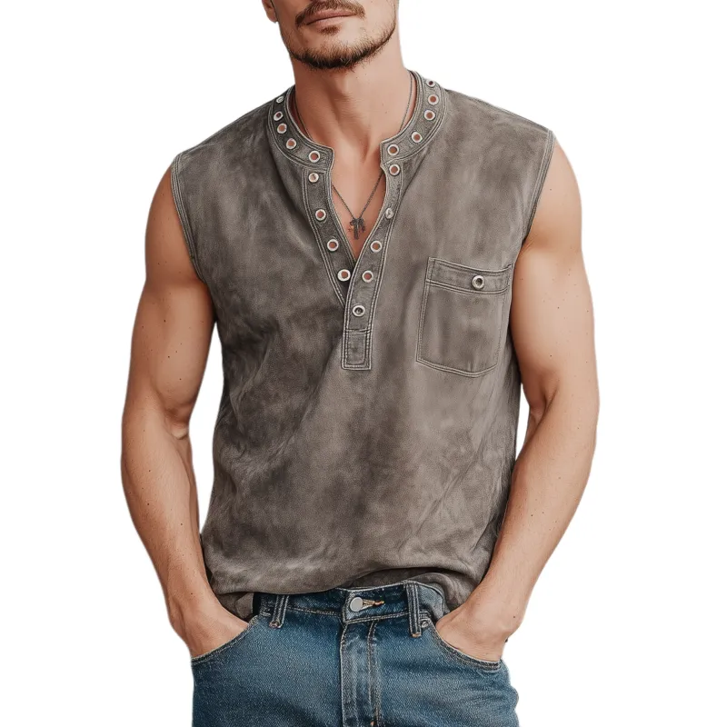 Men's Spring And Summer Casual Thin Suede Henry Collar Decorated Rivet Slim Fit Tank Top MTA1856G1K sold by Manly