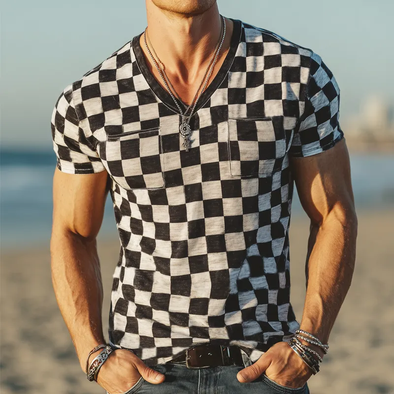 Men's Classic Checkerboard V-neck Short Sleeve T-Shirt MTA1827G2U sold by Manly product image thumbnail 2