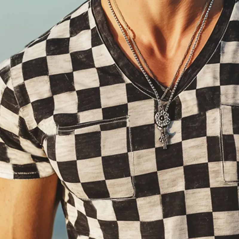 Men's Classic Checkerboard V-neck Short Sleeve T-Shirt MTA1827G2U sold by Manly product image thumbnail 3