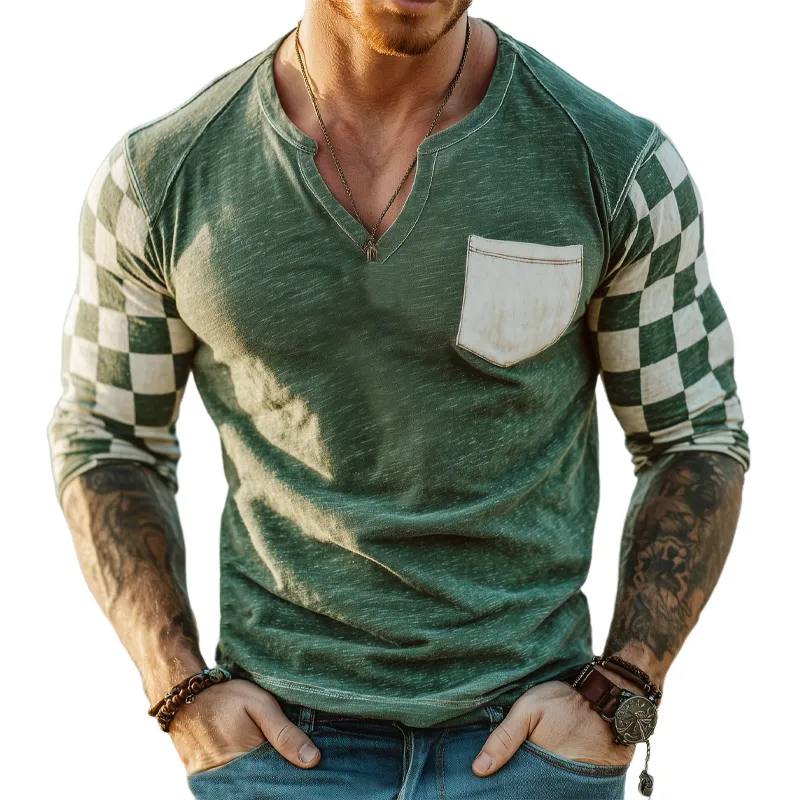 Men's Classic Checkerboard V-neck Long Sleeve T-shirt MTA1825G5U sold by Manly