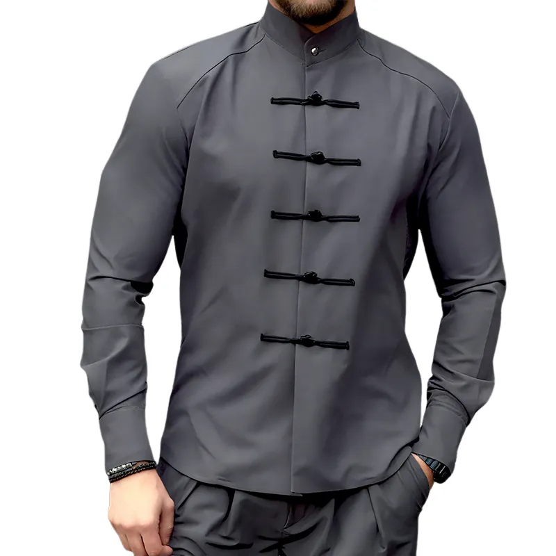 Men's Retro Casual Solid Color Stand Collar Long Sleeve Shirt MTA1770G1TO sold by Manly