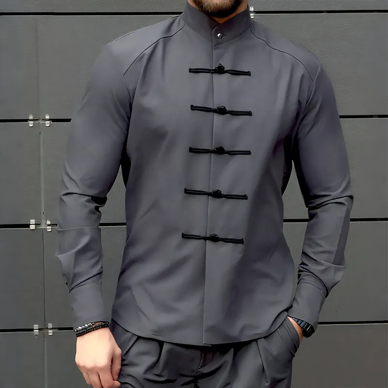 Men's Retro Casual Solid Color Stand Collar Long Sleeve Shirt MTA1770G1TO sold by Manly product image thumbnail 2