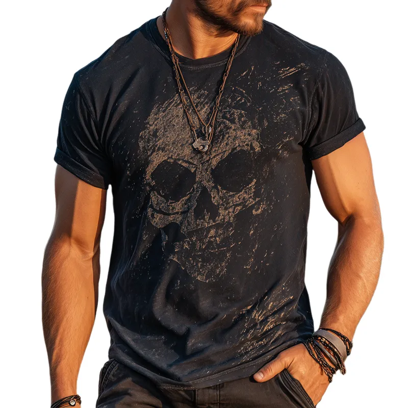 Men's Retro Casual Skull Print Round Neck Short Sleeve T-Shirt  MTA1795G4TO sold by Manly