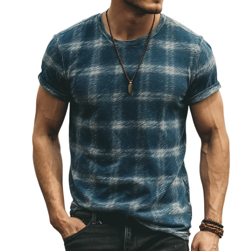 Men's Retro Casual Plaid Contrast Color Printed Round Neck Short Sleeve T-Shirt MTA1701G8TO sold by Manly