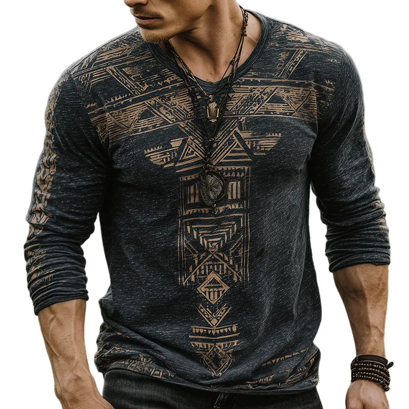 Men's Retro Casual Wilderness Ethnic Style Printed Round Neck Long Sleeve T-Shirt MTA1705G6TO sold by Manly