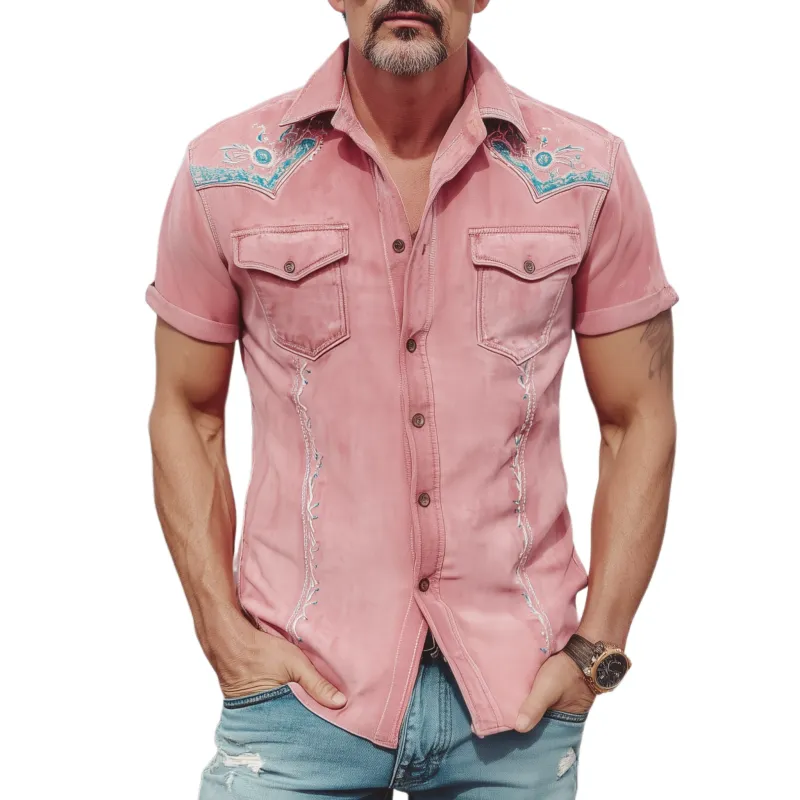 Men's Spring And Summer Fashion Casual Thin Suede Embroidered Slim Short Sleeve Shirt MTA1738G7K sold by Manly