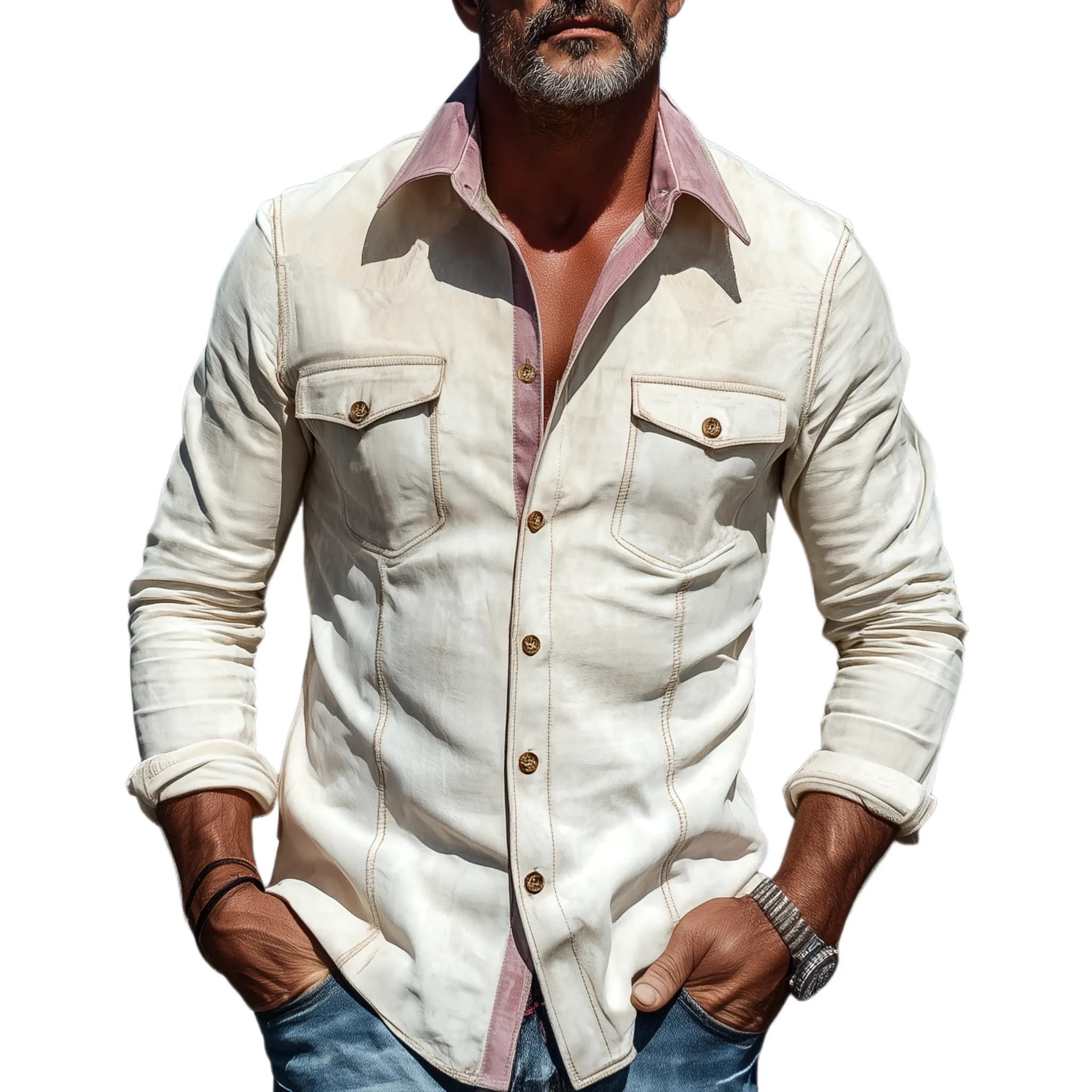 Men's Spring And Summer Fashion Casual Thin Suede Stitching Contrast Color Slim Long Sleeve Shirt MTA1704G5K sold by Manly