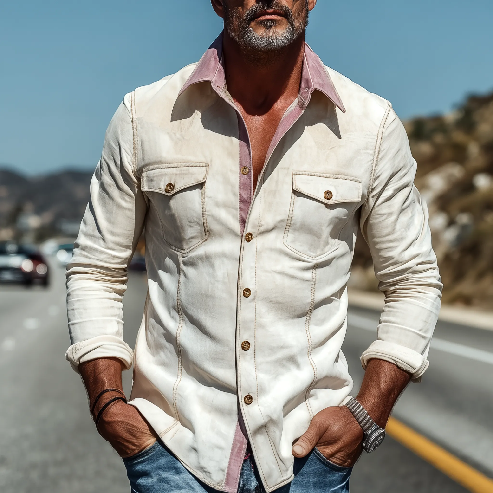 Men's Spring And Summer Fashion Casual Thin Suede Stitching Contrast Color Slim Long Sleeve Shirt MTA1704G5K sold by Manly product image thumbnail 2