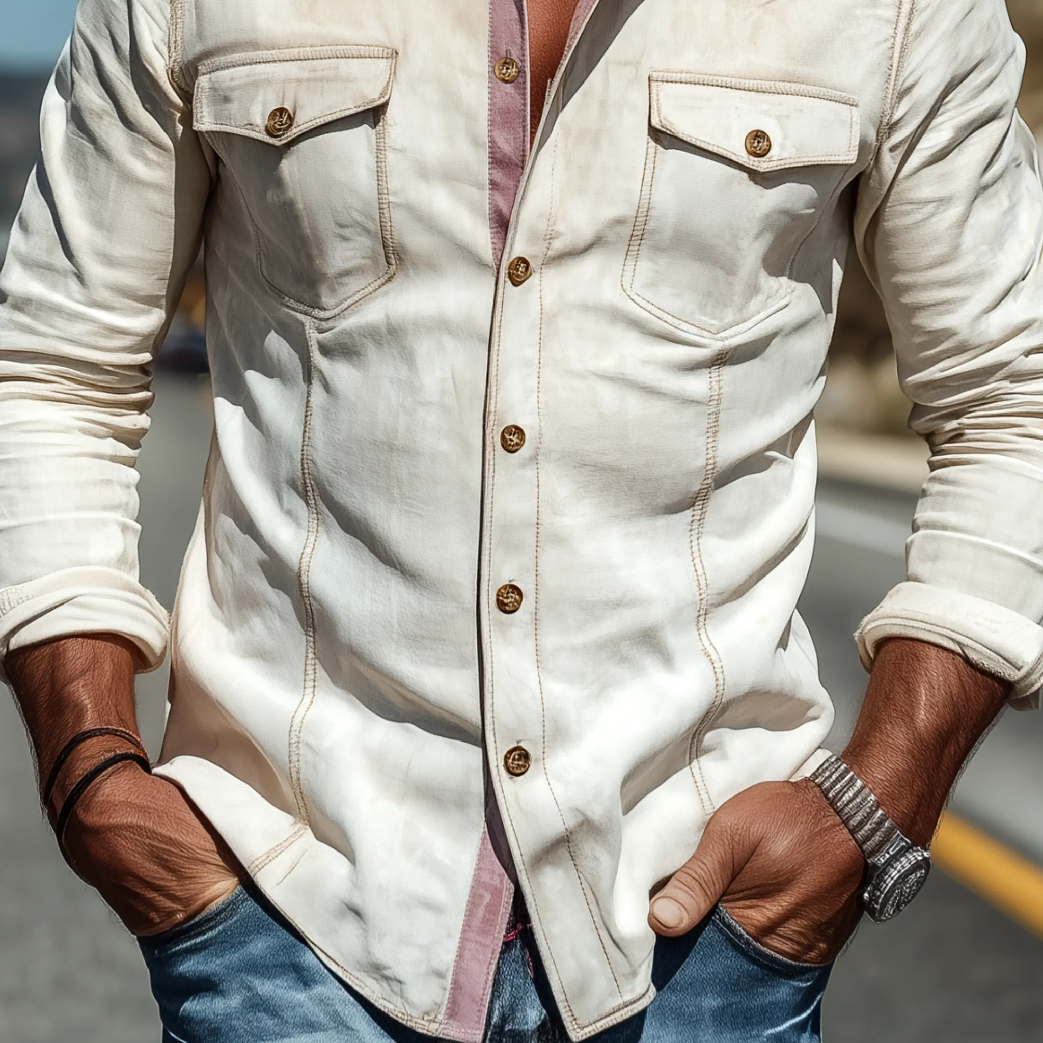 Men's Spring And Summer Fashion Casual Thin Suede Stitching Contrast Color Slim Long Sleeve Shirt MTA1704G5K sold by Manly product image thumbnail 5