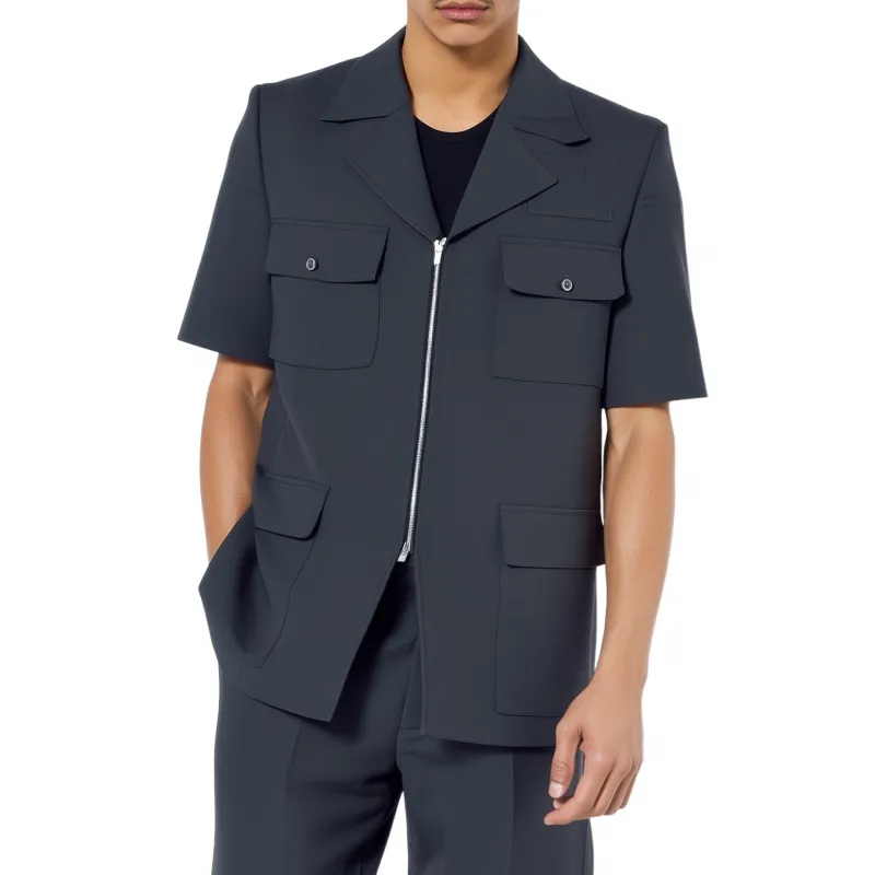 Men's Casual Solid Color Cotton Blend Notch Lapel Zipper Placket Multi-Pocket Short Sleeve Jacket MTA1549G1M sold by Manly