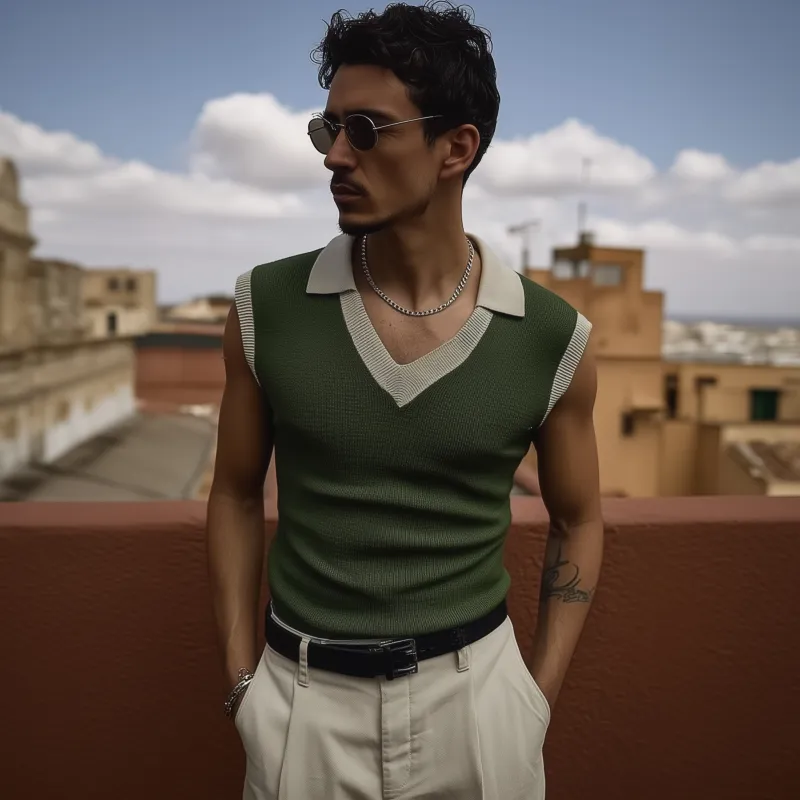 Men's Casual Breathable Colorblock Lapel Slim Fit Knitted Sleeveless Polo Shirt MTA1572G4M sold by Manly product image thumbnail 3