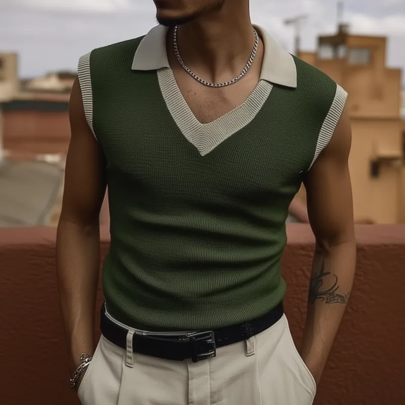 Men's Casual Breathable Colorblock Lapel Slim Fit Knitted Sleeveless Polo Shirt MTA1572G4M sold by Manly product image thumbnail 2