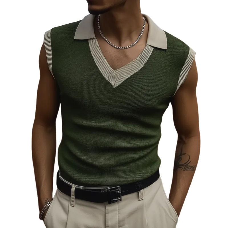Men's Casual Breathable Colorblock Lapel Slim Fit Knitted Sleeveless Polo Shirt MTA1572G4M sold by Manly