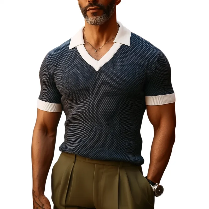 Men's Casual Breathable Colorblock Lapel Slim Fit Knitted Short-sleeved Polo Shirt MTA1543G7M sold by Manly