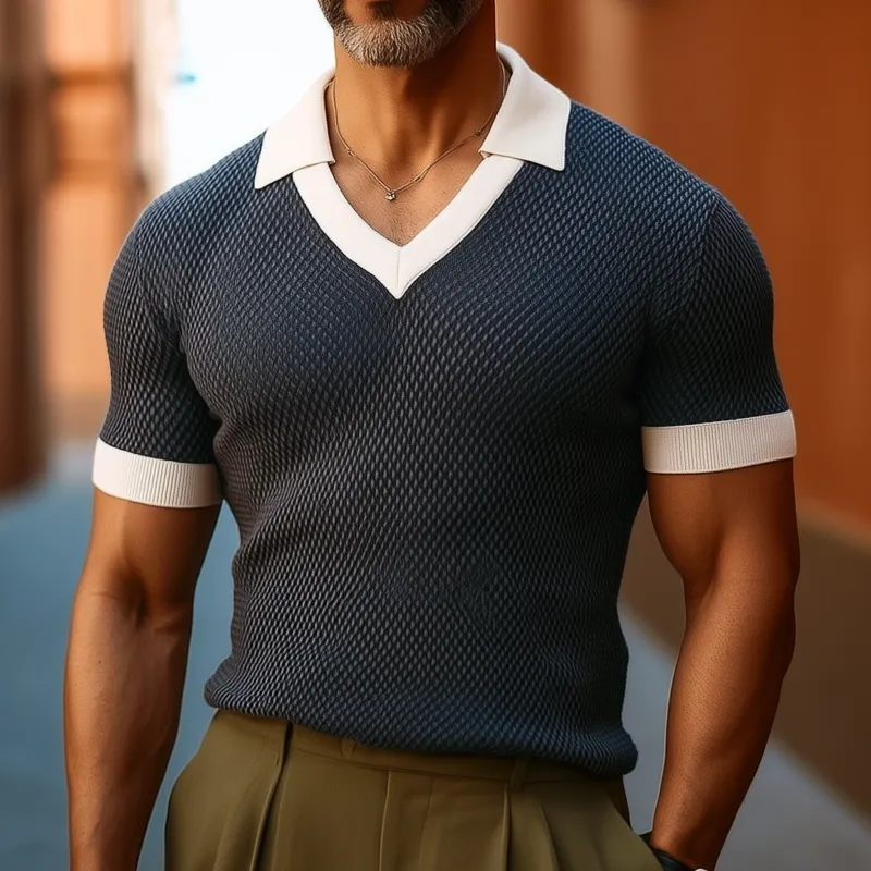 Men's Casual Breathable Colorblock Lapel Slim Fit Knitted Short-sleeved Polo Shirt MTA1543G7M sold by Manly product image thumbnail 3