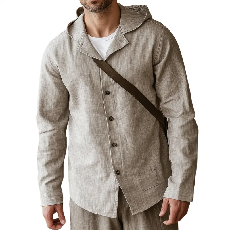 Men's Casual Solid Color Breathable Linen Lapel Hooded Loose Long Sleeve Shirt MTA1516G9M sold by Manly