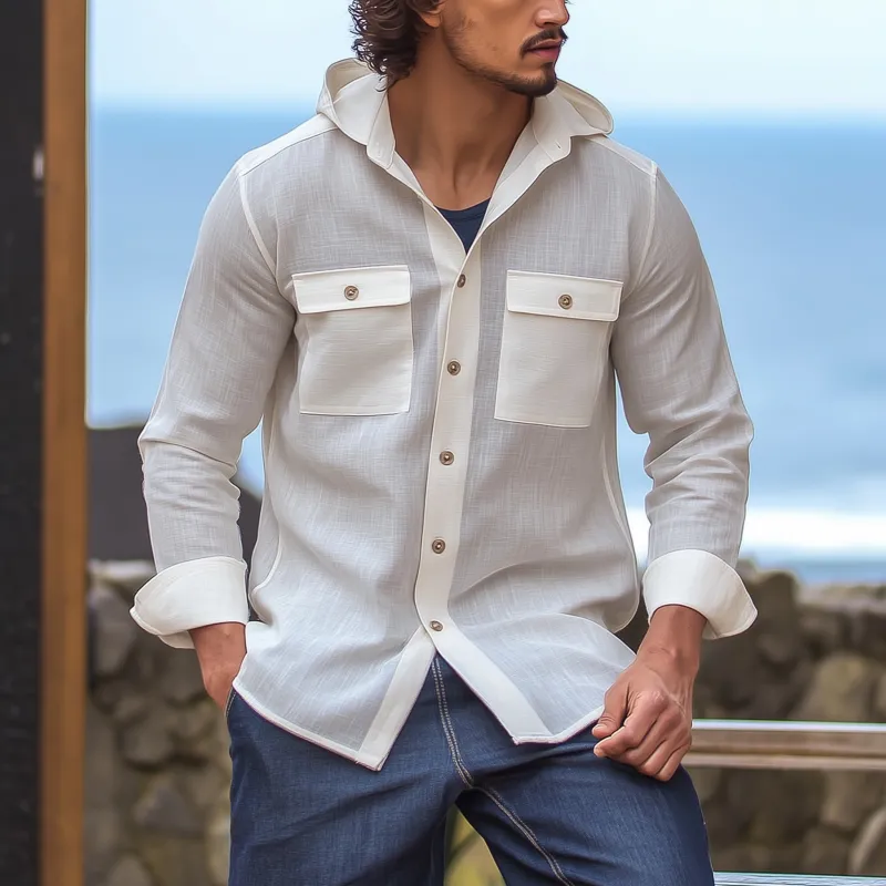 Men's Casual Solid Color Breathable Linen Chest Pocket Hooded Loose Long Sleeve Shirt MTA1501G4M sold by Manly product image thumbnail 2