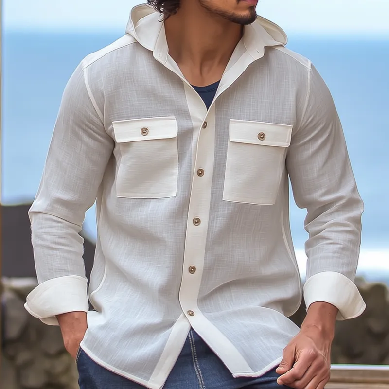 Men's Casual Solid Color Breathable Linen Chest Pocket Hooded Loose Long Sleeve Shirt MTA1501G4M sold by Manly product image thumbnail 3