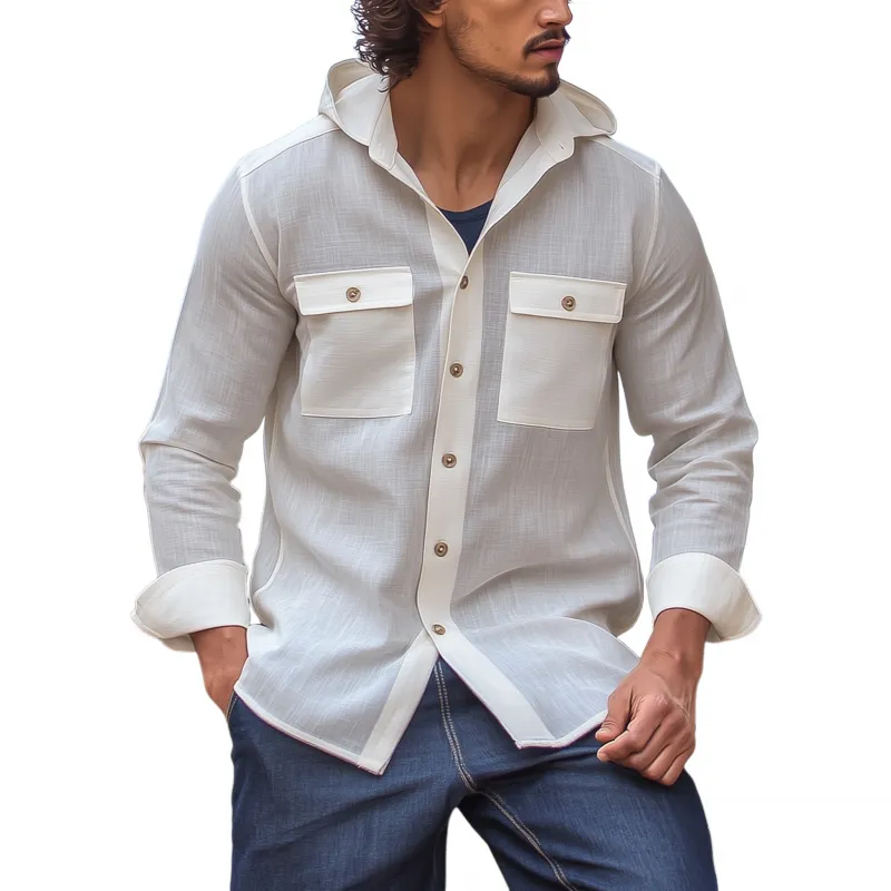 Men's Casual Solid Color Breathable Linen Chest Pocket Hooded Loose Long Sleeve Shirt MTA1501G4M sold by Manly