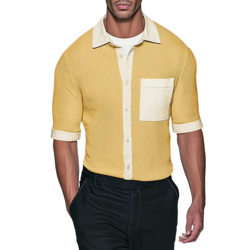 Men's Casual Waffle Contrast Color Patchwork Lapel Patch Pocket Slim Fit Mid-length Sleeve Shirt MTA1538G8M sold by Manly