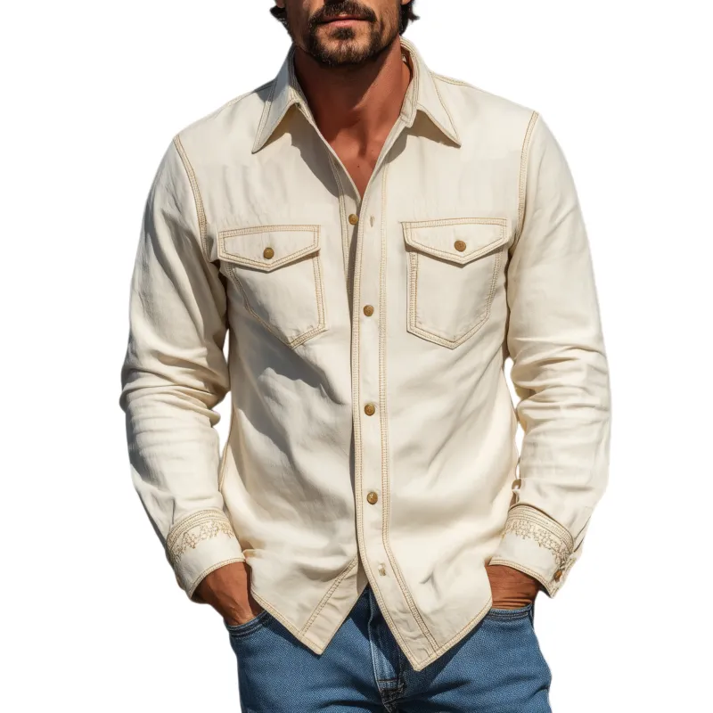 Men's Spring And Summer Fashion Casual Cotton Blended Cuff Embroidered Long Sleeve Shirt MTA1732G7K sold by Manly