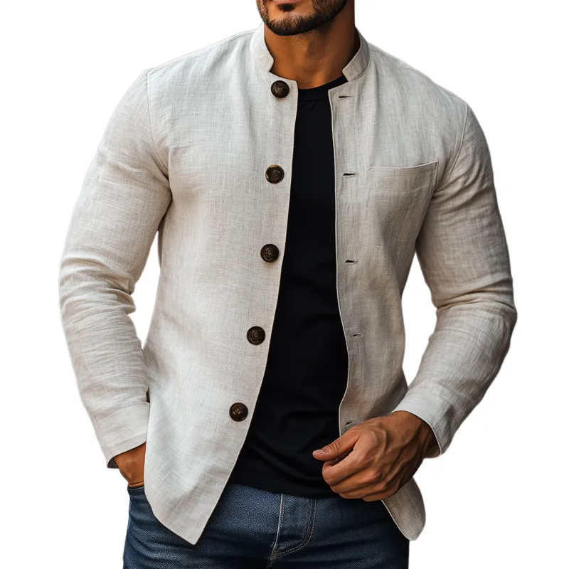 Men's Casual Solid Color Breathable Linen Stand Collar Slim Fit Long Sleeve Shirt Jacket MTA1790G6M sold by Manly