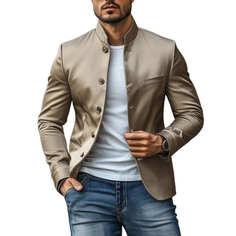 Men's Vintage Elegant Solid Color Satin Crisp Stand Collar Single Breasted Slim Fit Blazer MTA1760G9M sold by Manly